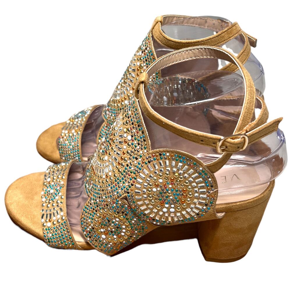VENUS Womens 8 Tan Embellished Beaded Sandals Ankle Strap Block Heel